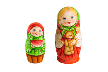Two Russian nesting dolls on white isolated background