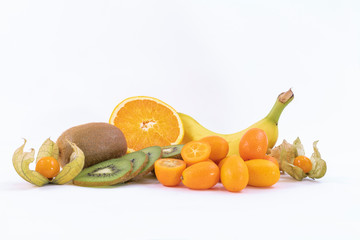 Sweet and tasty tropical snack - Ripe oranges, green kiwi and banana