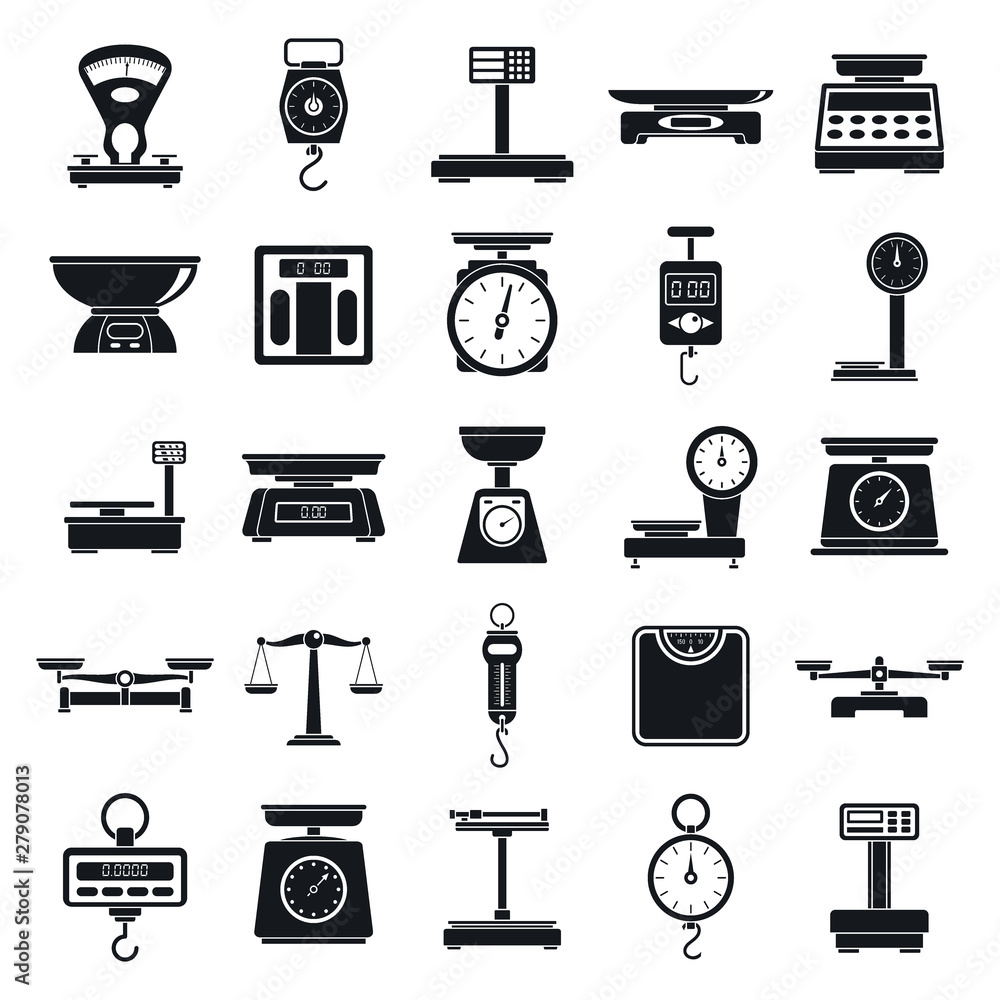 Poster weigh scales tool icons set. simple set of weigh scales tool vector icons for web design on white ba