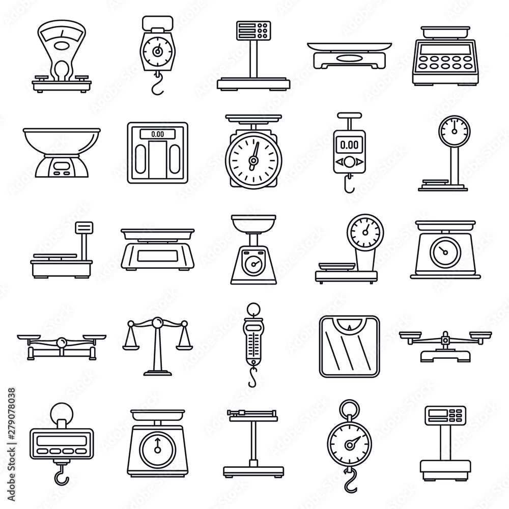 Poster digital weigh scales icons set. outline set of digital weigh scales vector icons for web design isol