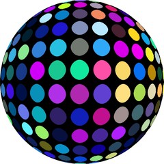 Joyful disco ball 3d icon isolated. Pink blue green yellow dots mosaic pattern. Modern close up graphic abstraction.
