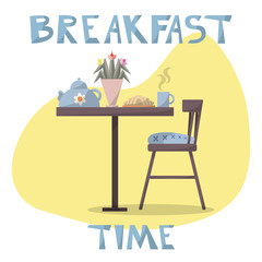 Cartoon breakfast scene with lettering.
