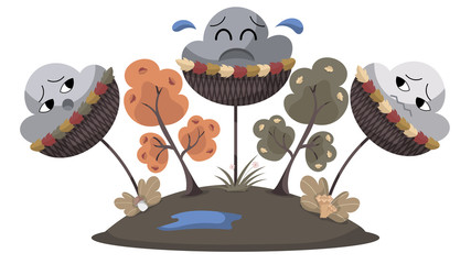 Cartoon meadow with clouds in nests.