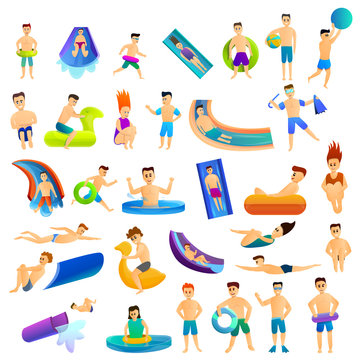Aquapark icons set. Cartoon set of aquapark vector icons for web design