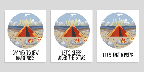 Set of camping posters with lettering.