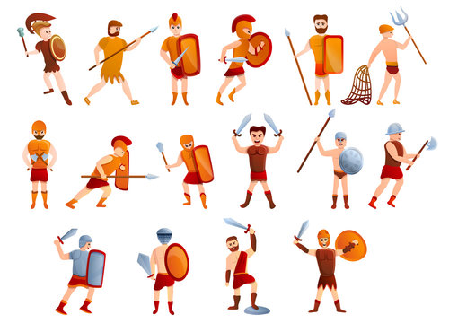 Gladiator icons set. Cartoon set of gladiator vector icons for web design
