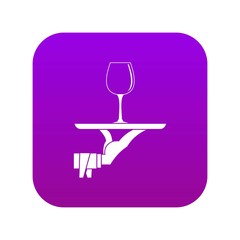 Waiter hand holding tray with wine glass icon digital purple for any design isolated on white vector illustration