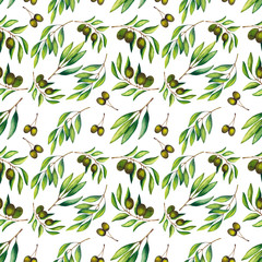 Seamless pattern of olive branches, fruits and leaves on white background. Watercolor illustration. Hand-drawn elements for eco-style design.