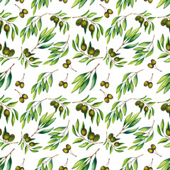 Seamless pattern of olive branches, fruits and leaves on white background. Watercolor illustration. Hand-drawn elements for eco-style design.