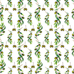 Seamless pattern of olive branches, fruits and leaves on white background. Watercolor illustration. Hand-drawn elements for eco-style design.