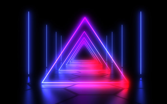 3D abstract tunnel with neon lights. 3d illustration © andrii
