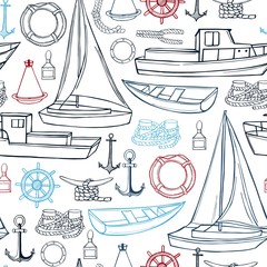 Sea transport, yachts and ships. Vector  seamless pattern.