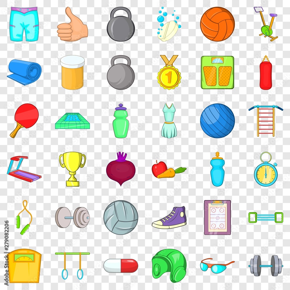 Poster bodybuilding icons set. cartoon style of 36 bodybuilding vector icons for web for any design