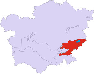 Vector contour map of Central Asia without inscription on a white background. The Republic of Kyrgyzstan is highlighted in red.
