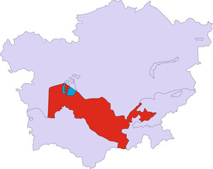 Vector contour map of Central Asia without inscription on a white background. The Republic of Uzbekistan is highlighted in red.