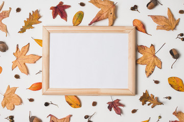 Wooden white frame on autumn leaves background