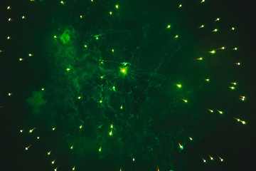 Close-up gold and green festive fireworks on a black background. Abstract holiday background