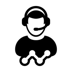 Support icon vector male customer care data service person profile avatar with headphone and line graph for online assistant in glyph pictogram illustration