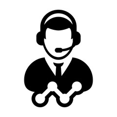 Call center icon vector male data support customer service person profile avatar with headphone and line graph for online assistant in glyph pictogram illustration