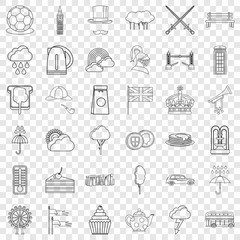 England icons set. Outline style of 36 england vector icons for web for any design