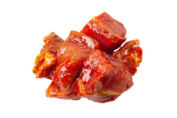 Raw piece of meat with spice and sauce prepered for barbecue. Gastronomy template isolated on white...