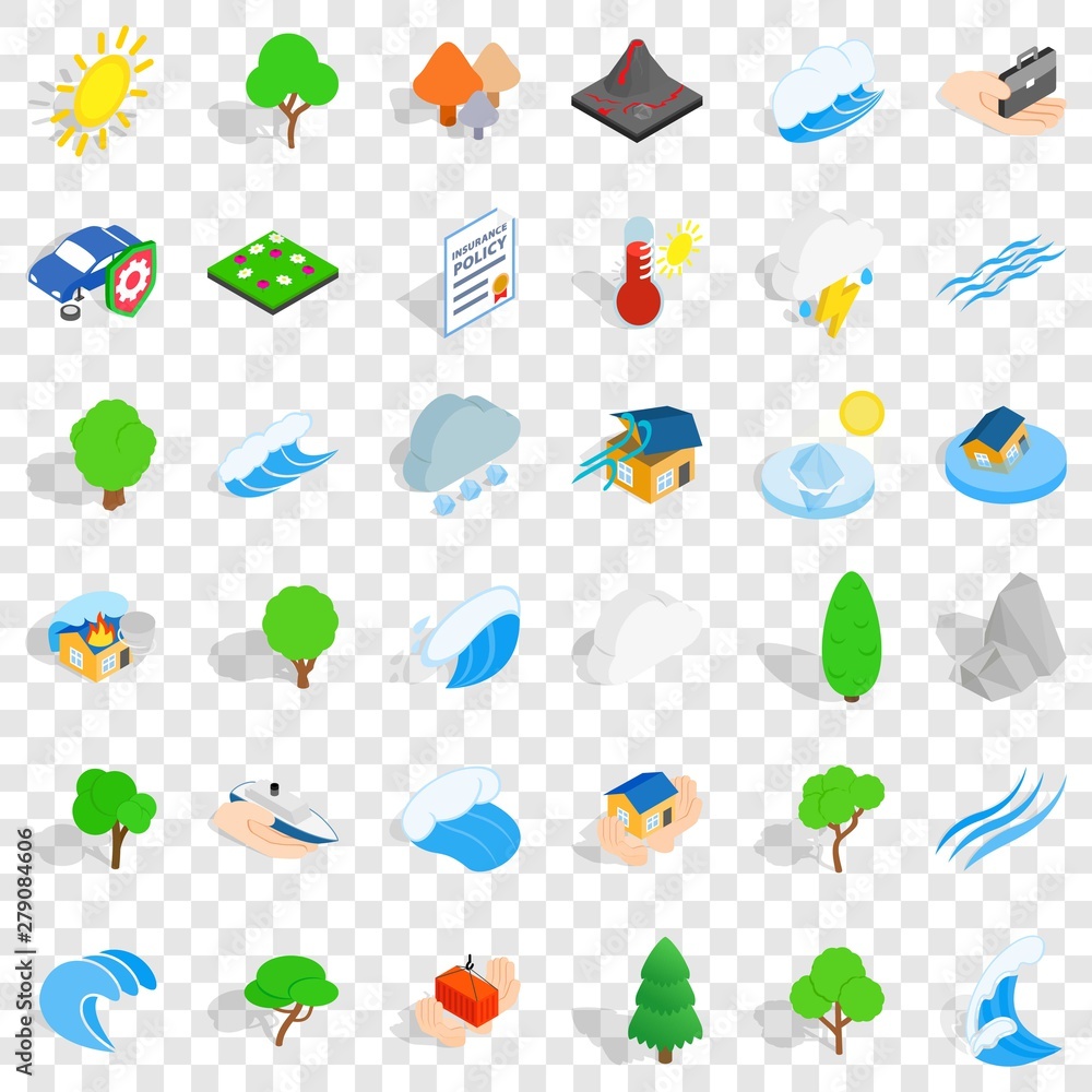 Poster global warming icons set. isometric style of 36 global warming vector icons for web for any design