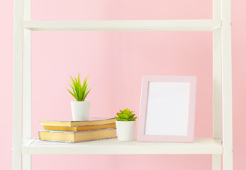 White bookshelf with books and plant against pink wall