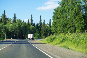 Asphalt road going through the forest on a summer sunny day. Around the green trees and Christmas trees. Clear blue sky. Horizontal photo. Journey