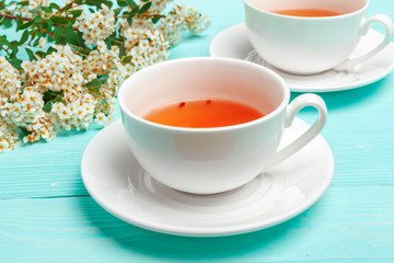 Green tea in a ceramic cup with branches of blossoming tree branches