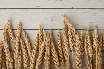 wheat ears on wooden background