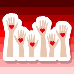 Obraz premium Hands with heart up sticker on red background