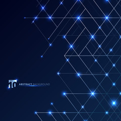 Abstract dimension lines silver color on dark blue background with glow point. Modern luxury style square mesh. Digital geometric structure with line.