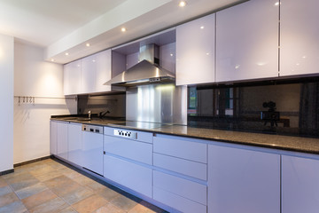 Modern lilac kitchen in luxury loft with modern appliances