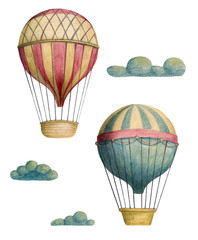Set of steampunk elements - air balloons and clouds. Hand drawn colored pencils illustration. © Daria Pneva