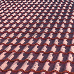 Red clay tile roof of real estate house, corrugate pattern row detail in exterior architecture construction element background