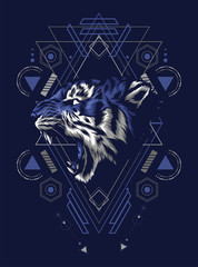 wild tiger raring with sacred geometry pattern as the background