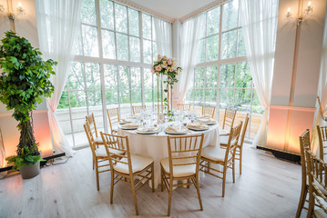 Luxury wedding table decoration. Special event table set up. Fresh flower decoration.
