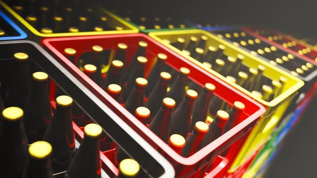 Loop of countless colorful beer crates stacked in a warehouse during night 4KHD