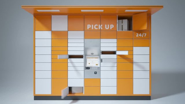 Loopable timelapse animation of the parcel locker. Doors open and close rapidly.