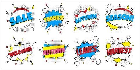 8 Comic Lettering Autumn In The Speech Bubbles Comic Style Flat Design. Dynamic Pop Art Vector Illustration Isolated On White Background. Exclamation Concept Of Comic Book Style Pop Art Voice Phrase.