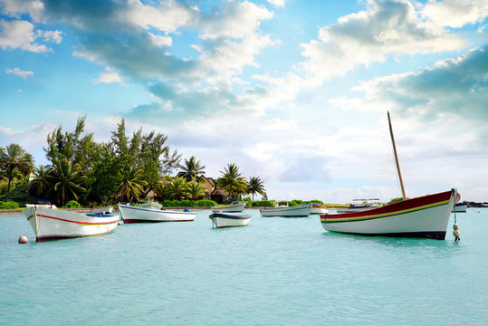 Boats in Cap Malheureux, Mauritius island, Indian Ocean.