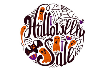 Sale vector illustration. Halloween Sale vector with ghost, bat; spider, spiderweb and lettering. Hand drawn lettering poster. Vector Illustration. Trick or Treat Concept.