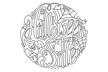Sale vector illustration. Halloween Sale vector with ghost, bat; spider, spiderweb and lettering. Hand drawn lettering poster. Vector Illustration. Trick or Treat Concept.