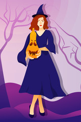 Halloween holiday greeting card with witch and pumpkin. Vector Illustration. Trick or Treat Concept.