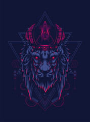 king of lion with dark crown and sacred geometry pattern as the background