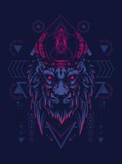 king of lion with dark crown and sacred geometry pattern as the background