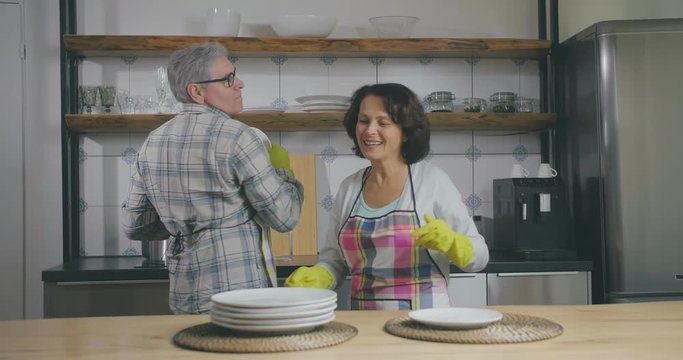 Cheerful senior caucasian couple wipes and puts plates on shelf