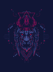 king of lion with dark crown and sacred geometry pattern as the background