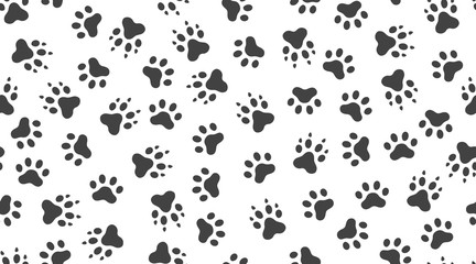 Fototapeta na wymiar Animal tracks vector seamless pattern with flat icons. Black white color pet paw texture. Dog, cat footprint background, abstract foot print silhouette wallpaper for veterinary clinic