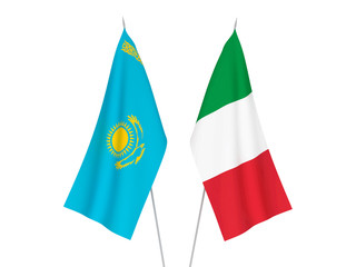 National fabric flags of Italy and Kazakhstan isolated on white background. 3d rendering illustration.